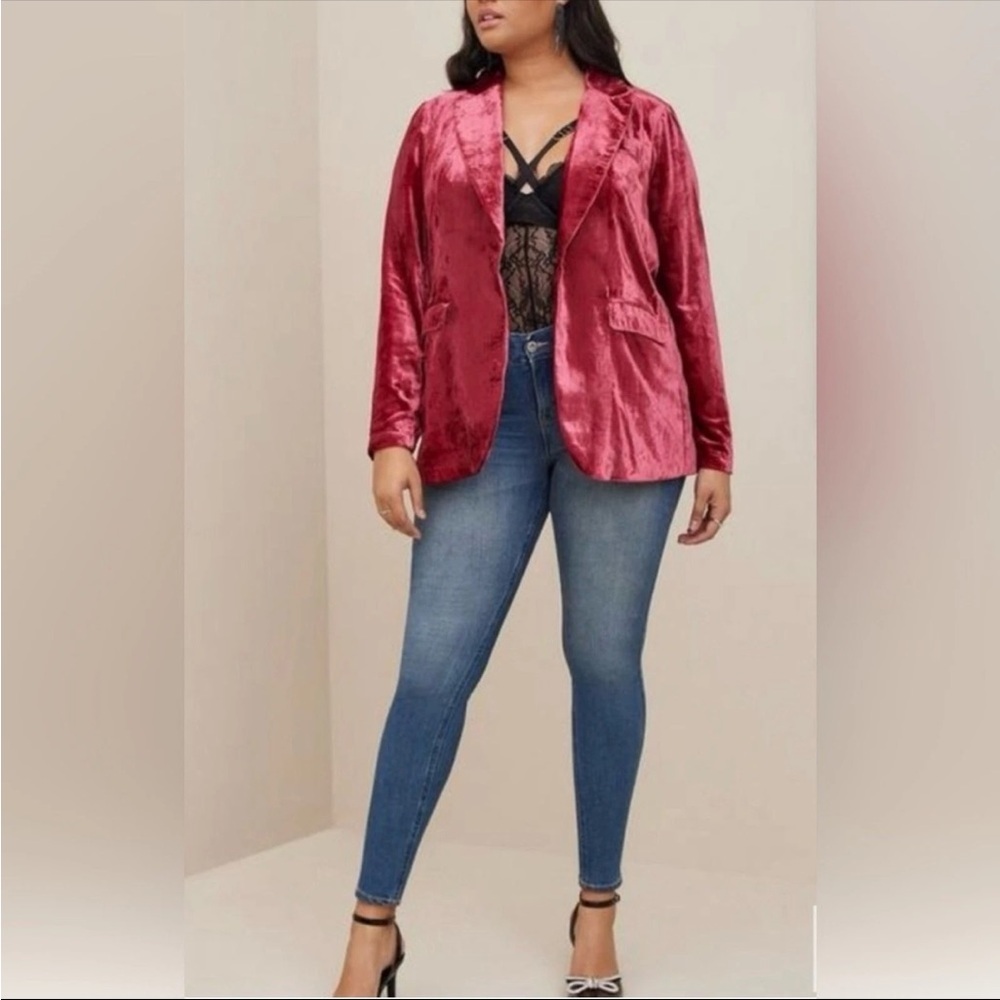 Soft Velvet Blazer One Button Front with Faux Pockets Lightweight 2X 3X